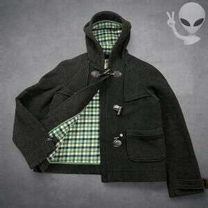 Lacoste Wool Duffle Coat Medium Dark Green Plaid Lined Hooded Jacket Vintage 90s